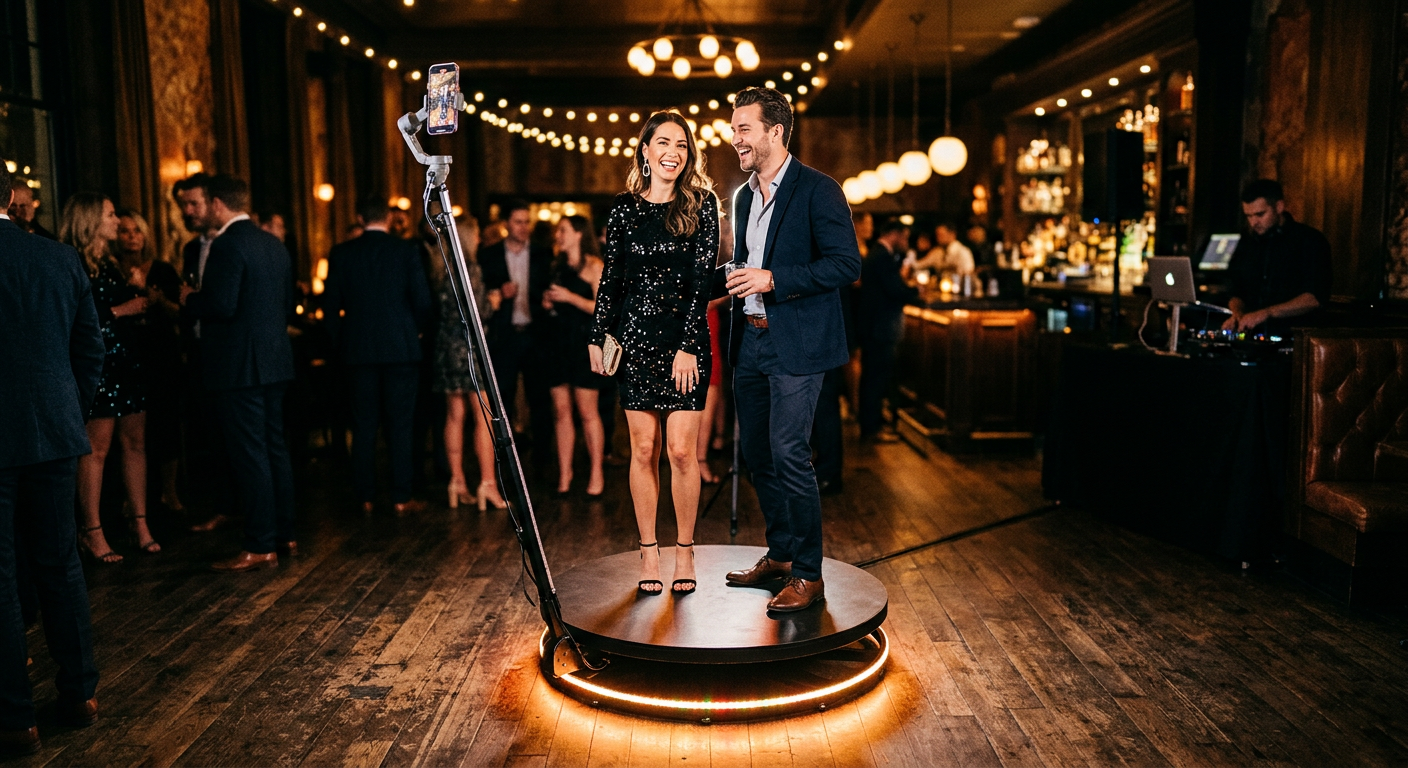 Guests on the 360 photo booth spinning platform at a Las Vegas event